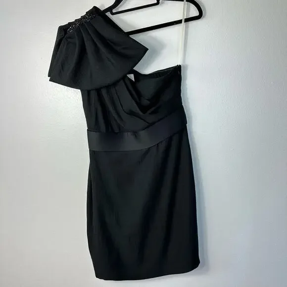 Marchesa Notte Dress One Shoulder Mini Bow Beaded Belted Cocktail LBD Black 4